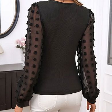 Womens V Neck Jacquard Panel Long Sleeve Slim Fit Puff Sleeve Top