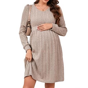Maternity V-Neck Ribbed Knit Dress Casual Long Sleeve Smocked Waist Pregnancy Dress
