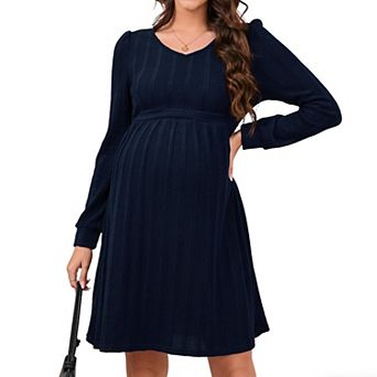Maternity V-Neck Ribbed Knit Dress Casual Long Sleeve Smocked Waist Pregnancy Dress