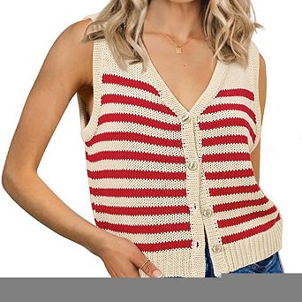 Women's Sleeveless Striped Sweater Vest Casual V Neck Vest Tops Summer Outfits