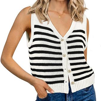 Women's Sleeveless Striped Sweater Vest Casual V Neck Vest Tops Summer Outfits