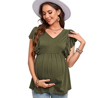 Women Maternity Ruffle Short Sleeve Tops Summer Casual V Neck T Shirts High Waist Tunic Blouse