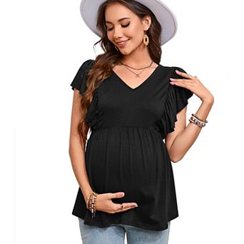 Women Maternity Ruffle Short Sleeve Tops Summer Casual V Neck T Shirts High Waist Tunic Blouse