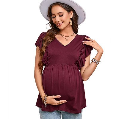 Women Maternity Ruffle Short Sleeve Tops Summer Casual V Neck