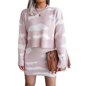 Women's Cozy Cloud Print 2 pc Sweater Set Long Sleeve Crop Top & Mini Skirt