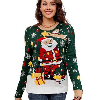 Women's Santa Claus Christmas Sweater Crewneck Pullover Soft Cozy