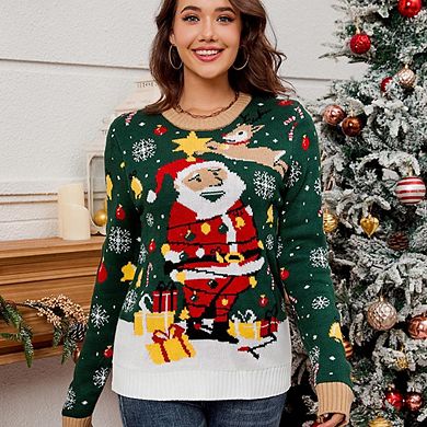 Women's Santa Claus Christmas Sweater Crewneck Pullover Soft Cozy
