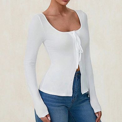 Womens Long Sleeve Square Neck Tie Front Casual Slim Fit T-Shirt