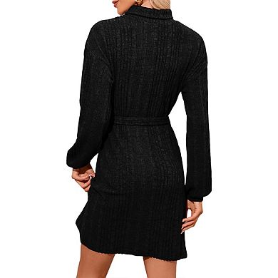 Turtleneck Sweater Dress Sling Slit Knit Bodycon Midi Dress for Women