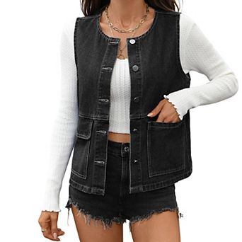 Women's Denim Vest Button Front Sleeveless Jacket with Side Pockets