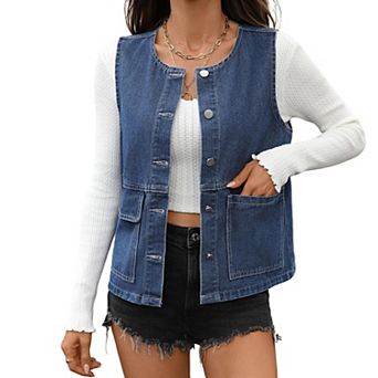 Women's Denim Vest Button Front Sleeveless Jacket with Side Pockets