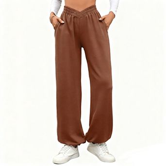 Womens V Waist Elastic Waistband Pocket Loose Fit Casual Pants