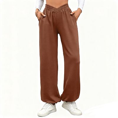 Womens V Waist Elastic Waistband Pocket Loose Fit Casual Pants