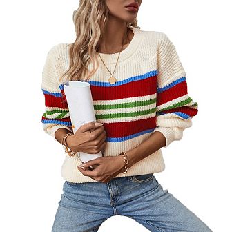 Women's Color Block Stripe Pullover Sweater Crew Neck Knitted Top with Rainbow Detail