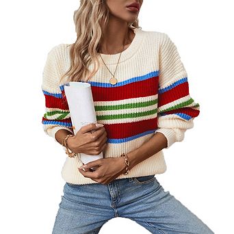 Women's Color Block Stripe Pullover Sweater Crew Neck Knitted Top with Rainbow Detail