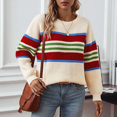 Women's Color Block Stripe Pullover Sweater Crew Neck Knitted Top with Rainbow Detail