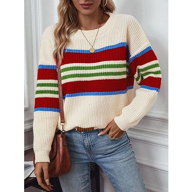 Women's Color Block Stripe Pullover Sweater Crew Neck Knitted Top with Rainbow Detail