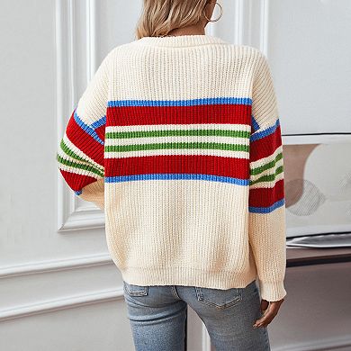 Women's Color Block Stripe Pullover Sweater Crew Neck Knitted Top with Rainbow Detail