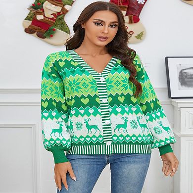 Women's Christmas Sweater Fun Pattern Cute Cardigan Winter Front Open Knitted Sweater Outerwear