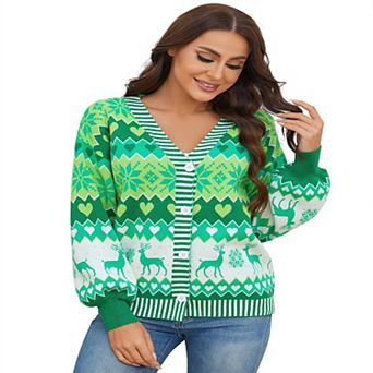 Women's Christmas Sweater Fun Pattern Cute Cardigan Winter Front Open Knitted Sweater Outerwear