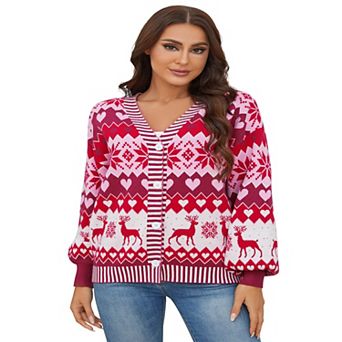 Women's Christmas Sweater Fun Pattern Cute Cardigan Winter Front Open Knitted Sweater Outerwear