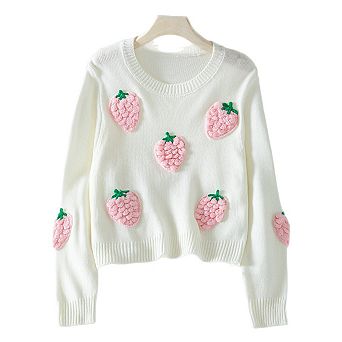 Women's Sweet Strawberry Pullover Sweater Crew Neck Knitted Jumper