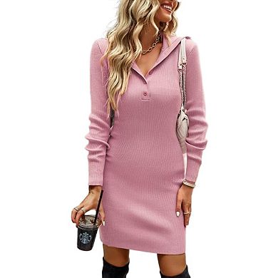 Women's Long Sleeve Sweater Dress Button Knit Slim Fit Casual V Neck Elegant Bodycon Midi Dresses