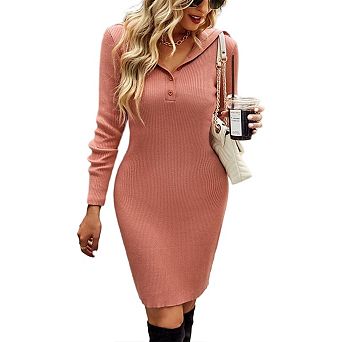Women's Long Sleeve Sweater Dress Button Knit Slim Fit Casual V Neck Elegant Bodycon Midi Dresses