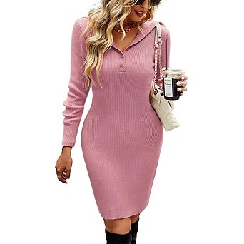 Women's Long Sleeve Sweater Dress Button Knit Slim Fit Casual V Neck Elegant Bodycon Midi Dresses