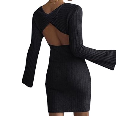 Women's Backless Sweater Dress Bodycon Round Neck Long Sleeve Ribbed Knit Mini Dresses