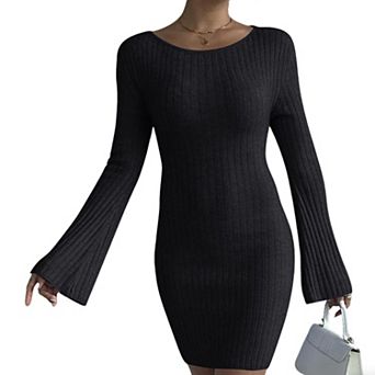 Women's Backless Sweater Dress Bodycon Round Neck Long Sleeve Ribbed Knit Mini Dresses