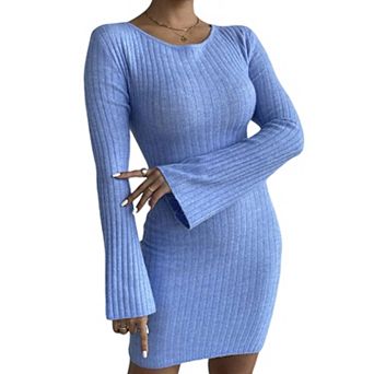 Women's Backless Sweater Dress Bodycon Round Neck Long Sleeve Ribbed Knit Mini Dresses