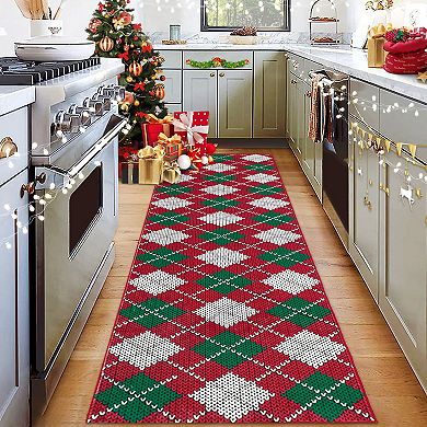 Christmas Diamond Print Rug Polyester Washable Foldable Mat for Holiday Decor