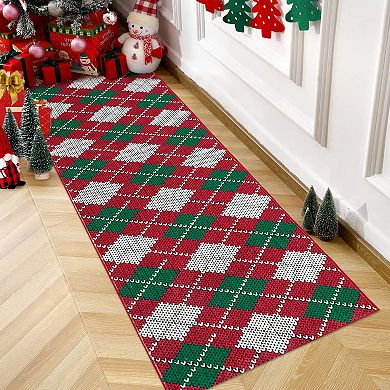 Christmas Diamond Print Rug Polyester Washable Foldable Mat for Holiday Decor