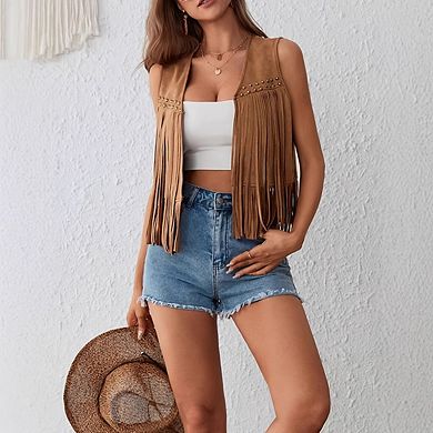Womens Fringe Vest Hippie Boho Sleeveless Open Front Sweater Vest