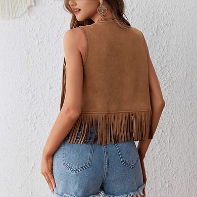 Womens Fringe Vest Hippie Boho Sleeveless Open Front Sweater Vest