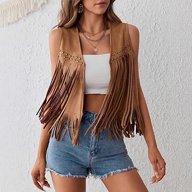 Womens Fringe Vest Hippie Boho Sleeveless Open Front Sweater Vest