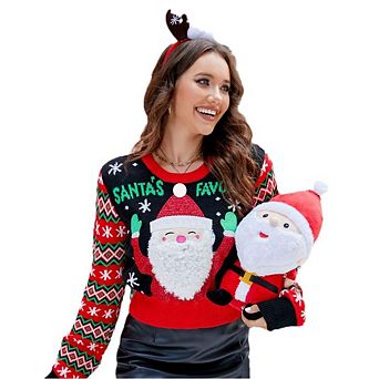 Women's Embroidered Christmas Sweater Cute Cropped Pullover Soft Holiday