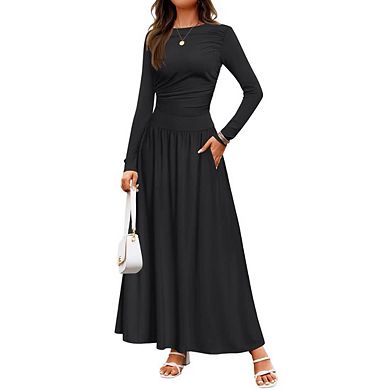 Women's Ribbed Knit Dress with Ruched Pockets Slim Fit Crewneck Long Sleeve