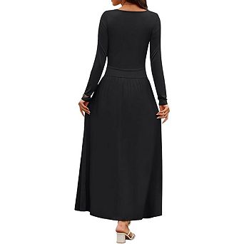 Women's Ribbed Knit Dress with Ruched Pockets Slim Fit Crewneck Long Sleeve