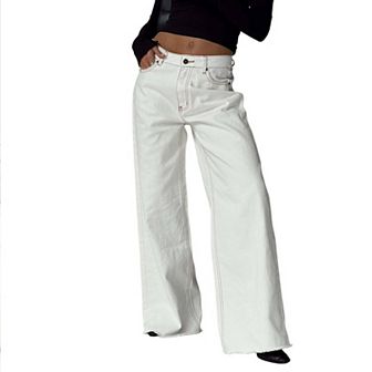 Women's Wide Leg Jeans Casual Loose Fit Side Pockets Denim Pants With Raw Hem