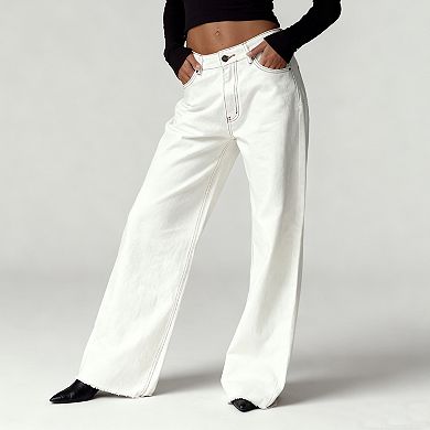 Women's Wide Leg Jeans Casual Loose Fit Side Pockets Denim Pants With Raw Hem