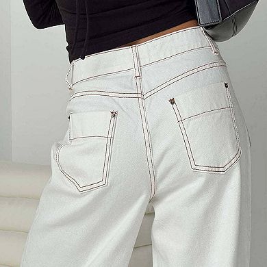 Women's Wide Leg Jeans Casual Loose Fit Side Pockets Denim Pants With Raw Hem