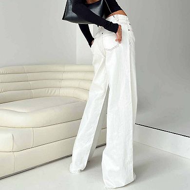 Women's Wide Leg Jeans Casual Loose Fit Side Pockets Denim Pants With Raw Hem