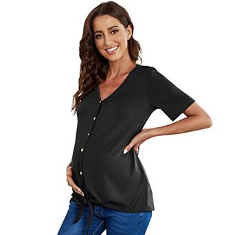 Women Maternity Short Sleeve V Neck T Shirts Summer Casual Button Nursing Top Tie Knot Tunic Blouse