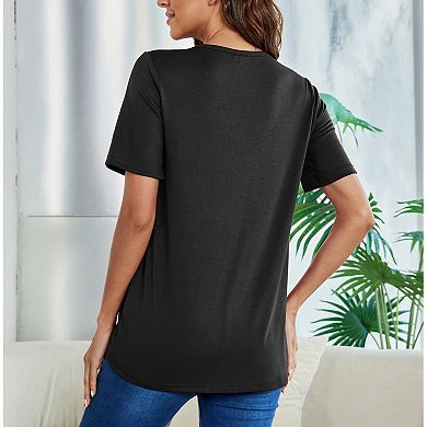 Women Maternity Short Sleeve V Neck T Shirts Summer Casual Button Nursing Top Tie Knot Tunic Blouse