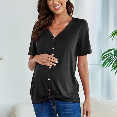 Women Maternity Short Sleeve V Neck T Shirts Summer Casual Button Nursing Top Tie Knot Tunic Blouse