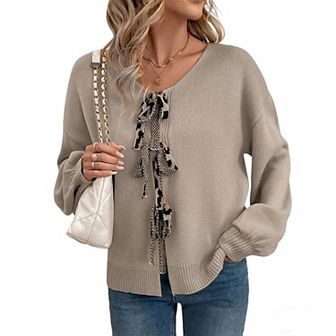 Women's Knit Cardigan Tie Front V Neck Oversized Sweater