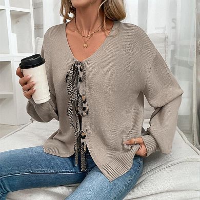 Women's Knit Cardigan Tie Front V Neck Oversized Sweater