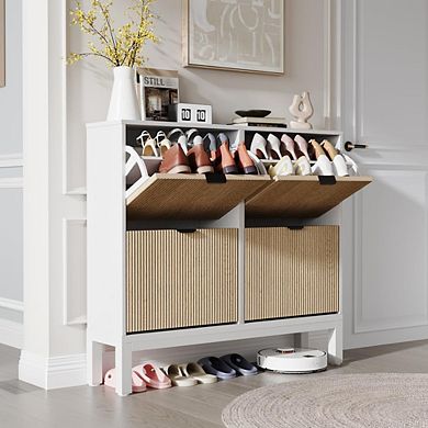 Shoe Storage Cabinet with 4 Flip-Down Doors - Modern Organization, White + Oak